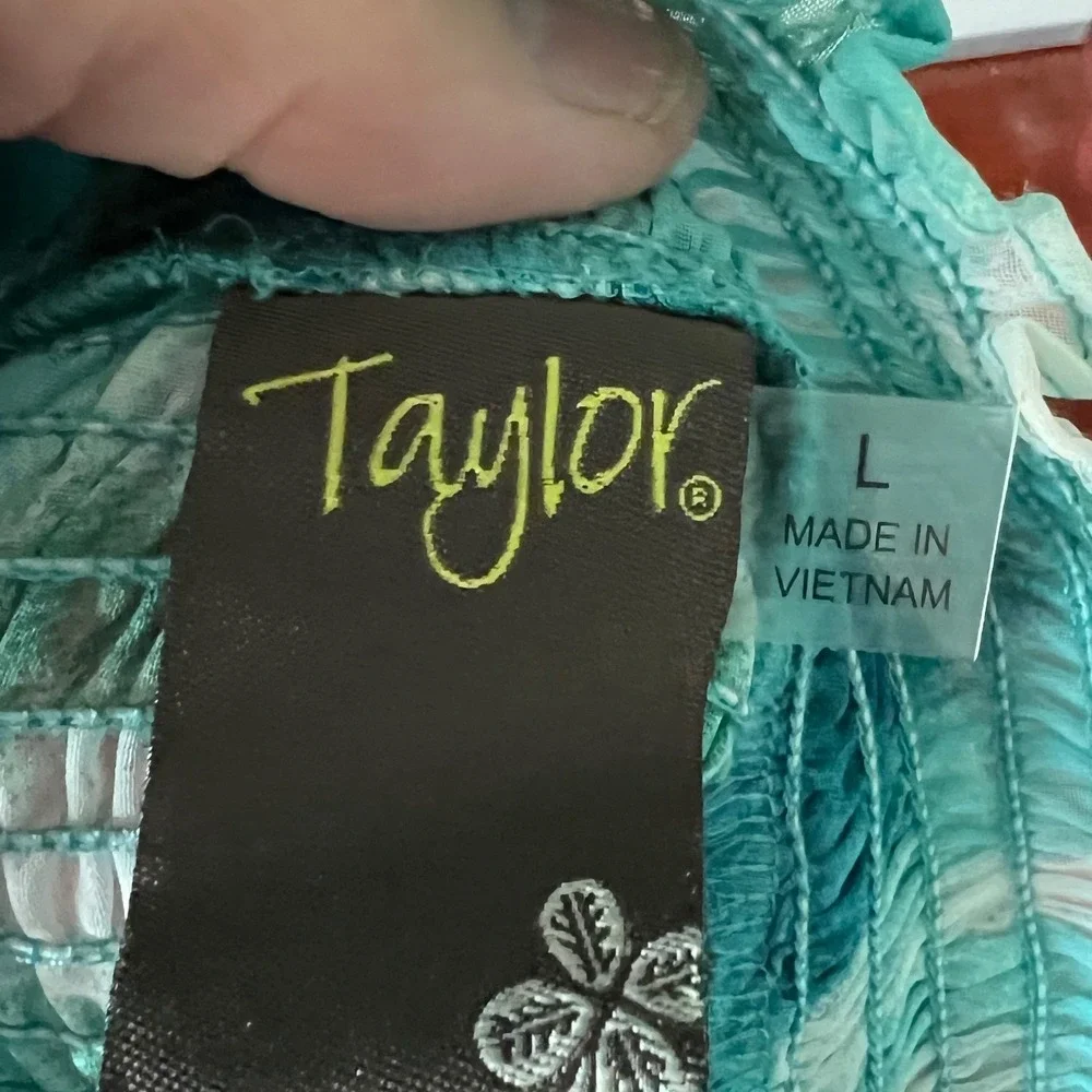 Taylor Women Green Blue Watercolor Smocked High Neck Tiered Dress 2937MY L NEW - Picture 5 of 7